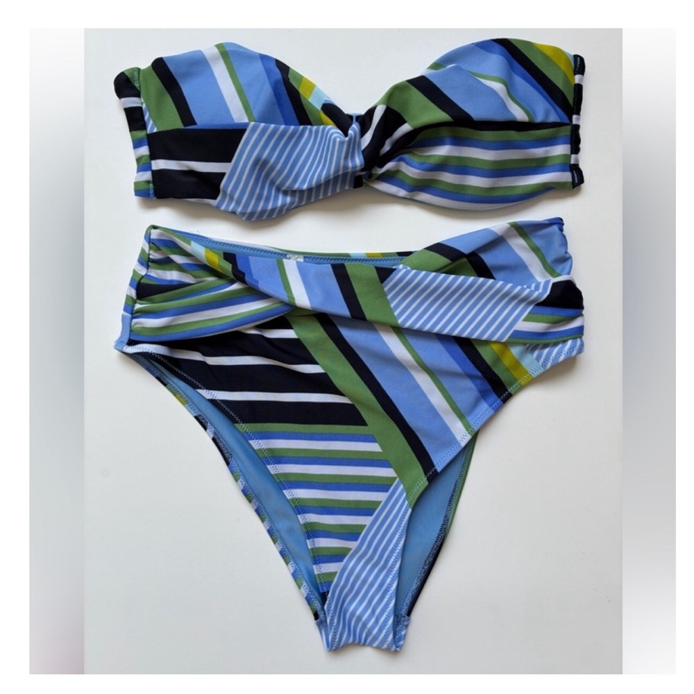 aerie Striped Bandeau Bikini Set in Blue, Green, Black
